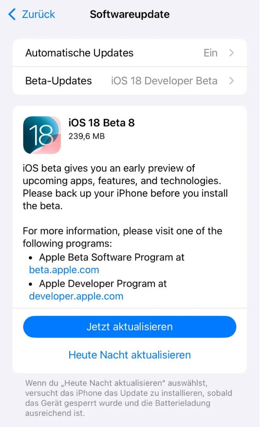 景泰苹果手机维修分享苹果 iOS / iPadOS 18 开发者预览版 Beta 8 发布 